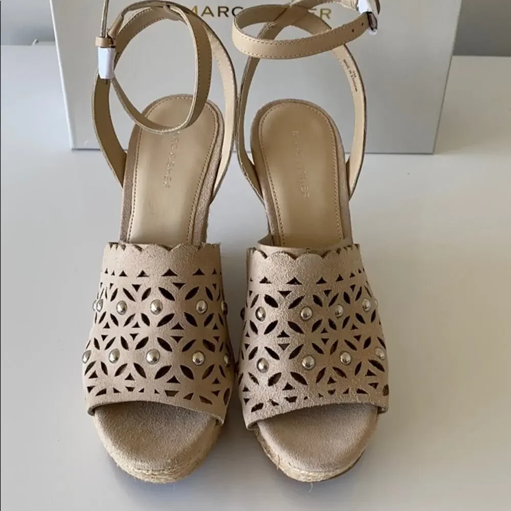 Marc Fisher Hata Beige Suede Studded Espadrille Wedge Sandals Size 9 / 9.5 NIB